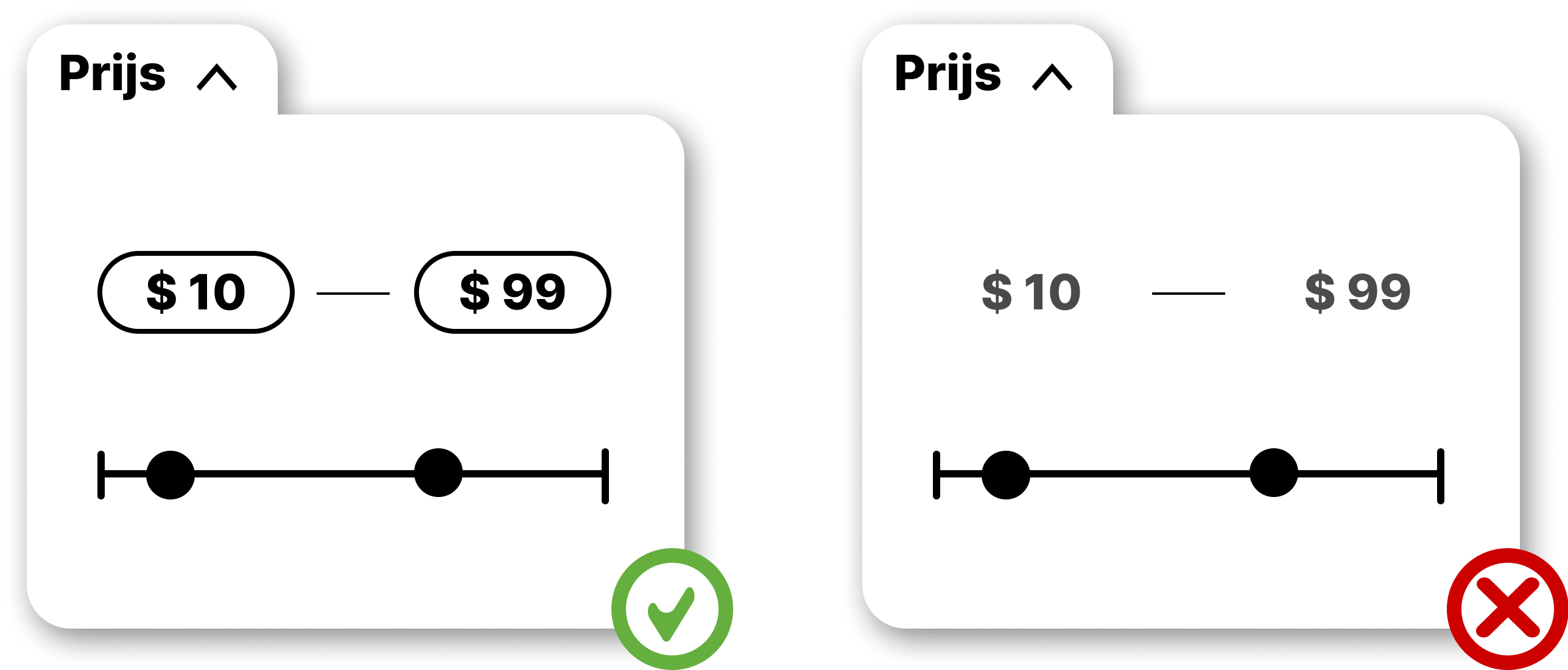 Voorbeeld van een sleepbare prijsinvoer met getal invoerveld als alternatief, en een verkeerd voorbeeld zonder alternatief