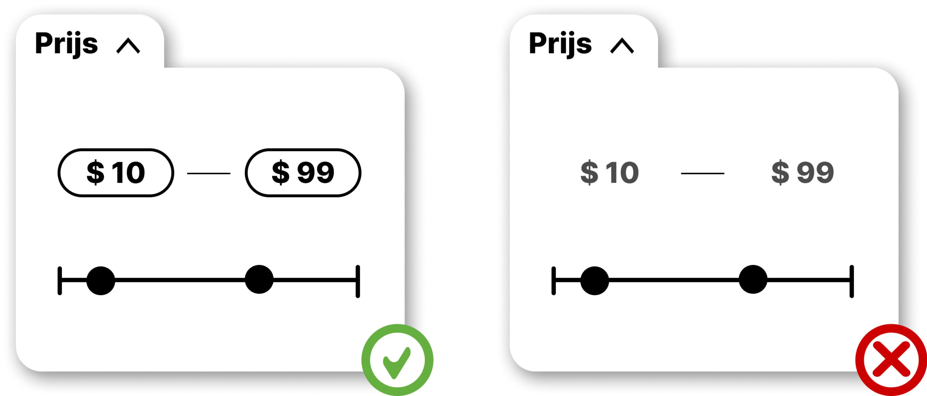 Voorbeeld van een sleepbare prijsinvoer met getal invoerveld als alternatief, en een verkeerd voorbeeld zonder alternatief